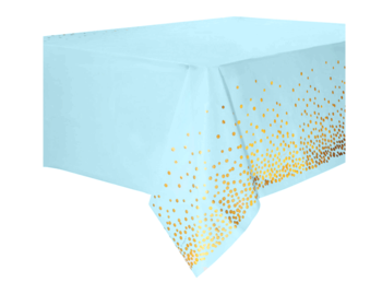 blauw tafelkleed met gouden stippen